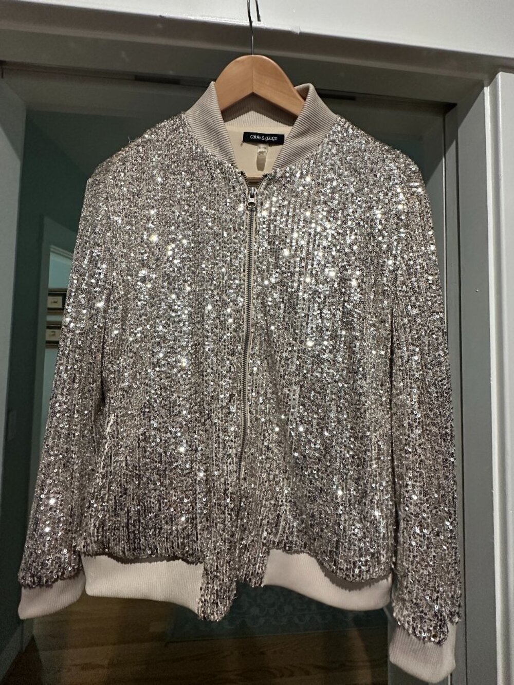 Cable & Gauge Sequin Bomber Jacket Champagne Silver Zip Up Size Small
